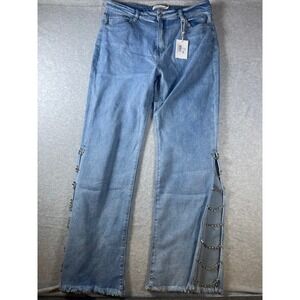 GRACE+EMMA Womens Size 18 Denim Jeans Rhinestone Chain Cutout Flare Frayed Hem